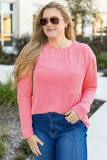 Load image into Gallery viewer, Peach Blossom Plus Size Ribbed Textured Long Sleeve T Shirt - Fashion Queen - 1