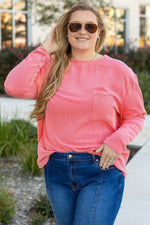 Load image into Gallery viewer, Peach Blossom Plus Size Ribbed Textured Long Sleeve T Shirt - Fashion Queen - 4