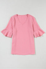 Load image into Gallery viewer, Peach Blossom Ruffled Half Sleeve V Neck Textured Top - Fashion Queen - 10