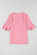 Load image into Gallery viewer, Peach Blossom Ruffled Half Sleeve V Neck Textured Top - Fashion Queen - 11