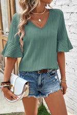 Load image into Gallery viewer, Peach Blossom Ruffled Half Sleeve V Neck Textured Top - Fashion Queen - 16