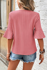 Load image into Gallery viewer, Peach Blossom Ruffled Half Sleeve V Neck Textured Top - Fashion Queen - 2