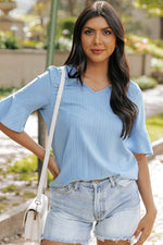 Load image into Gallery viewer, Peach Blossom Ruffled Half Sleeve V Neck Textured Top - Fashion Queen - 24