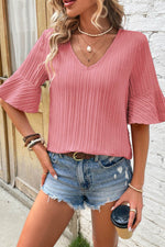 Load image into Gallery viewer, Peach Blossom Ruffled Half Sleeve V Neck Textured Top - Fashion Queen - 3