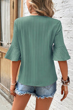 Load image into Gallery viewer, Peach Blossom Ruffled Half Sleeve V Neck Textured Top - Fashion Queen - 5