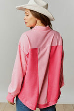 Load image into Gallery viewer, Peach Blossom Two Tone Contrast Waffle Knit Buttoned Loose Shacket - Fashion Queen - 2