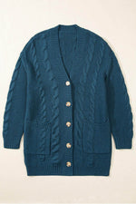 Load image into Gallery viewer, Peacock Blue Cable Knit Button Front Pocketed Baggy Cardigan - Fashion Queen - 3