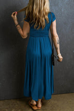 Load image into Gallery viewer, Peacock Blue Short Sleeve Shirred High Waist V Neck Maxi Dress - Fashion Queen - 2