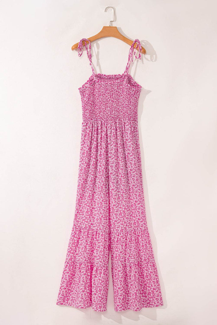 Phalaenopsis Thin Straps Smocked Bodice Wide Leg Floral Jumpsuit - Fashion Queen -  10