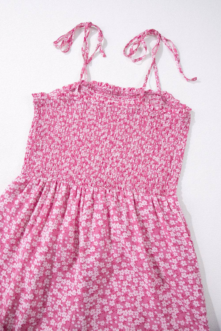 Phalaenopsis Thin Straps Smocked Bodice Wide Leg Floral Jumpsuit - Fashion Queen -  14