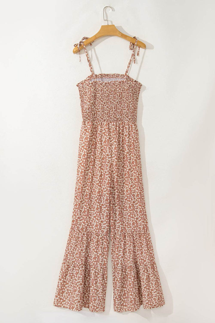 Phalaenopsis Thin Straps Smocked Bodice Wide Leg Floral Jumpsuit - Fashion Queen -  19
