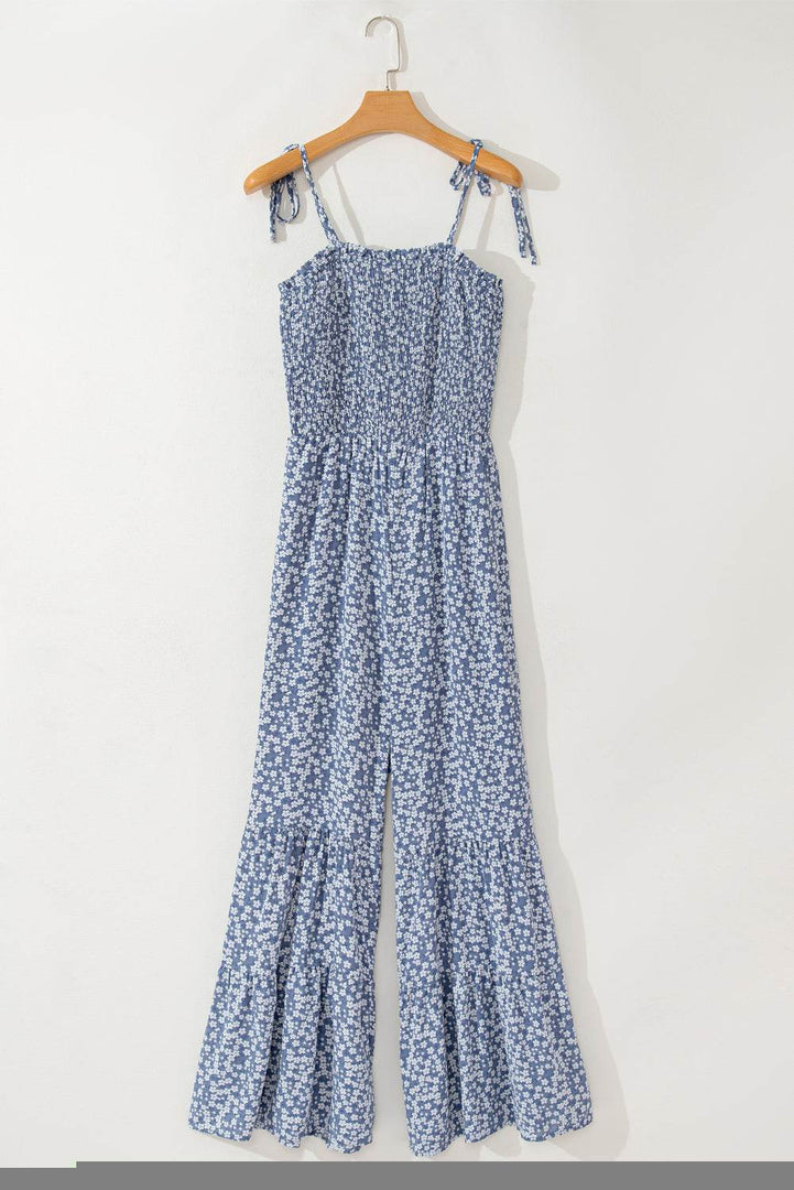 Phalaenopsis Thin Straps Smocked Bodice Wide Leg Floral Jumpsuit - Fashion Queen -  24