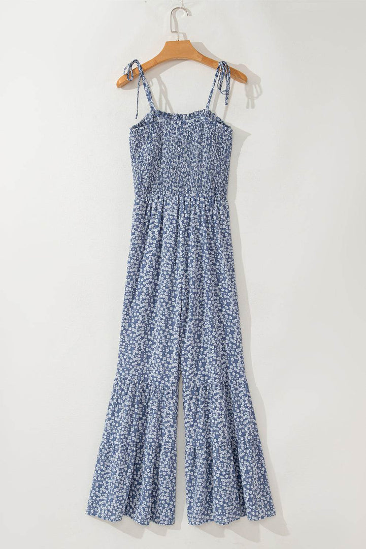 Phalaenopsis Thin Straps Smocked Bodice Wide Leg Floral Jumpsuit - Fashion Queen -  25