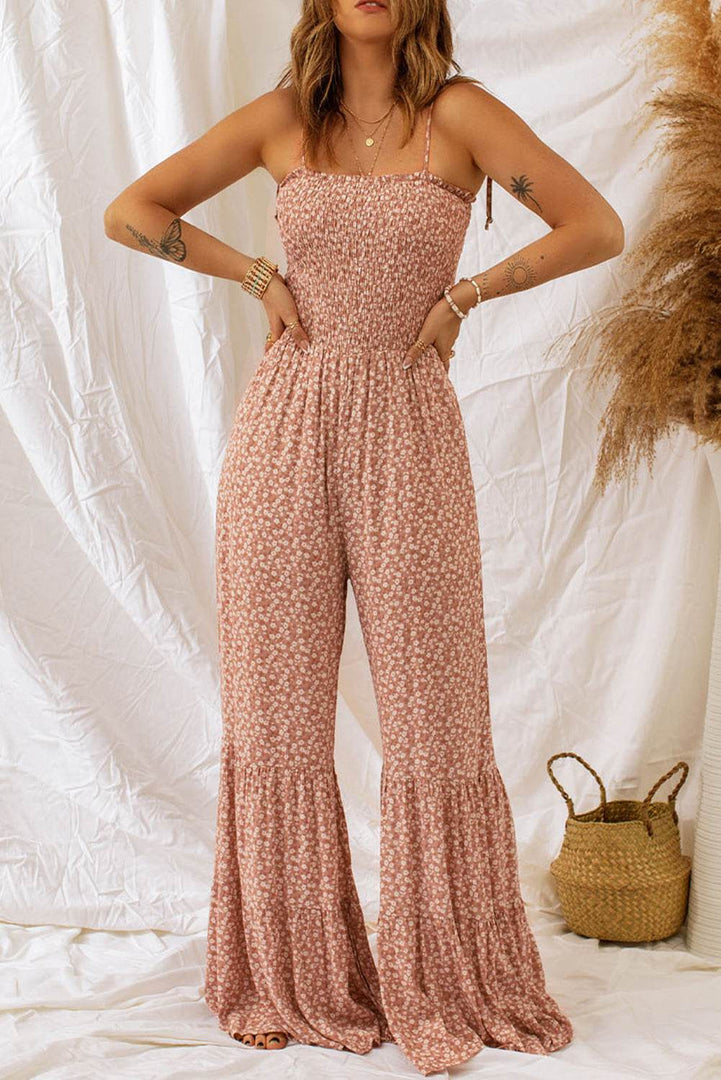 Phalaenopsis Thin Straps Smocked Bodice Wide Leg Floral Jumpsuit - Fashion Queen -  6