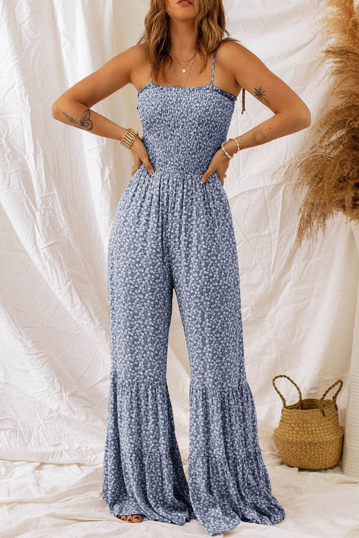 Phalaenopsis Thin Straps Smocked Bodice Wide Leg Floral Jumpsuit - Fashion Queen -  9