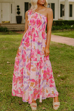 Load image into Gallery viewer, Pink Abstract Floral Print Shirred One Shoulder Maxi Dress - Fashion Queen - 1