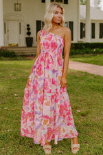 Load image into Gallery viewer, Pink Abstract Floral Print Shirred One Shoulder Maxi Dress - Fashion Queen - 11
