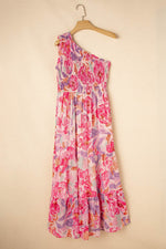 Load image into Gallery viewer, Pink Abstract Floral Print Shirred One Shoulder Maxi Dress - Fashion Queen - 12