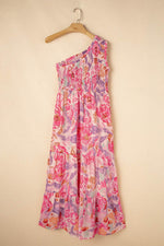 Load image into Gallery viewer, Pink Abstract Floral Print Shirred One Shoulder Maxi Dress - Fashion Queen - 13