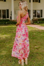 Load image into Gallery viewer, Pink Abstract Floral Print Shirred One Shoulder Maxi Dress - Fashion Queen - 2