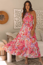 Load image into Gallery viewer, Pink Abstract Floral Print Shirred One Shoulder Maxi Dress - Fashion Queen - 4