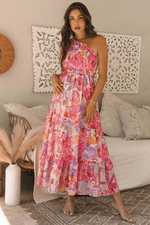 Load image into Gallery viewer, Pink Abstract Floral Print Shirred One Shoulder Maxi Dress - Fashion Queen - 7