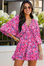 Load image into Gallery viewer, Pink Abstract Print Puff Sleeve V Neck High Waist Romper - Fashion Queen - 11