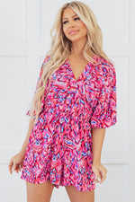Load image into Gallery viewer, Pink Abstract Print Puff Sleeve V Neck High Waist Romper - Fashion Queen - 5