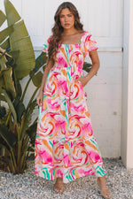 Load image into Gallery viewer, Pink Abstract Print Ruffled Sleeve Smocked Bust Maxi Dress - Fashion Queen - 1