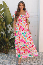 Load image into Gallery viewer, Pink Abstract Print Ruffled Sleeve Smocked Bust Maxi Dress - Fashion Queen - 4
