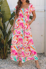 Load image into Gallery viewer, Pink Abstract Print Ruffled Sleeve Smocked Bust Maxi Dress - Fashion Queen - 6