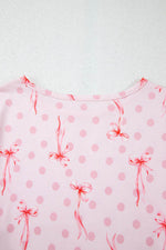 Load image into Gallery viewer, Pink Bow Knot Polka Dot Print Short Sleeve Top Lounge Set - Fashion Queen - 11