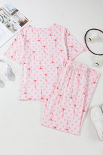 Load image into Gallery viewer, Pink Bow Knot Polka Dot Print Short Sleeve Top Lounge Set - Fashion Queen - 5