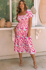 Load image into Gallery viewer, Pink Brush Stroke Printed Smocked Ruffle Tiered Dress - Fashion Queen - 1