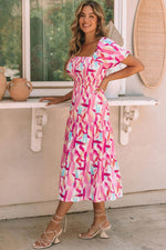 Load image into Gallery viewer, Pink Brush Stroke Printed Smocked Ruffle Tiered Dress - Fashion Queen - 3