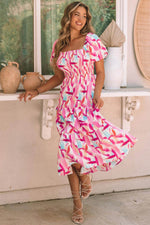 Load image into Gallery viewer, Pink Brush Stroke Printed Smocked Ruffle Tiered Dress - Fashion Queen - 5