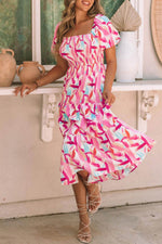 Load image into Gallery viewer, Pink Brush Stroke Printed Smocked Ruffle Tiered Dress - Fashion Queen - 6