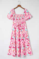 Load image into Gallery viewer, Pink Brush Stroke Printed Smocked Ruffle Tiered Dress - Fashion Queen - 8