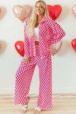 Load image into Gallery viewer, Pink Checkered Buttoned Shirt and High Waist Pants Pajama Set - Fashion Queen - 1