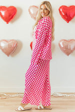 Load image into Gallery viewer, Pink Checkered Buttoned Shirt and High Waist Pants Pajama Set - Fashion Queen - 3