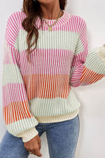 Load image into Gallery viewer, Pink Colorblock Textured Knit Bubble Sleeve Sweater - Fashion Queen - 3