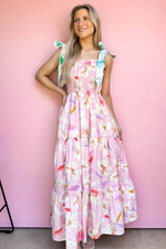 Load image into Gallery viewer, Pink Floral Print Knotted Shoulder Smocked Maxi Dress - Fashion Queen - 11