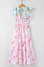 Load image into Gallery viewer, Pink Floral Print Knotted Shoulder Smocked Maxi Dress - Fashion Queen - 12