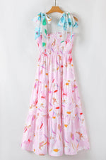 Load image into Gallery viewer, Pink Floral Print Knotted Shoulder Smocked Maxi Dress - Fashion Queen - 13