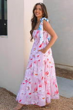 Load image into Gallery viewer, Pink Floral Print Knotted Shoulder Smocked Maxi Dress - Fashion Queen - 3
