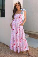 Load image into Gallery viewer, Pink Floral Print Knotted Shoulder Smocked Maxi Dress - Fashion Queen - 4