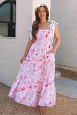 Load image into Gallery viewer, Pink Floral Print Knotted Shoulder Smocked Maxi Dress - Fashion Queen - 5
