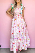 Load image into Gallery viewer, Pink Floral Print Knotted Shoulder Smocked Maxi Dress - Fashion Queen - 8