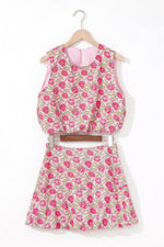 Load image into Gallery viewer, Pink Floral Print Puffy Cropped Tank and Mini Skirt Set - Fashion Queen - 4