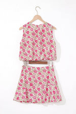 Load image into Gallery viewer, Pink Floral Print Puffy Cropped Tank and Mini Skirt Set - Fashion Queen - 5